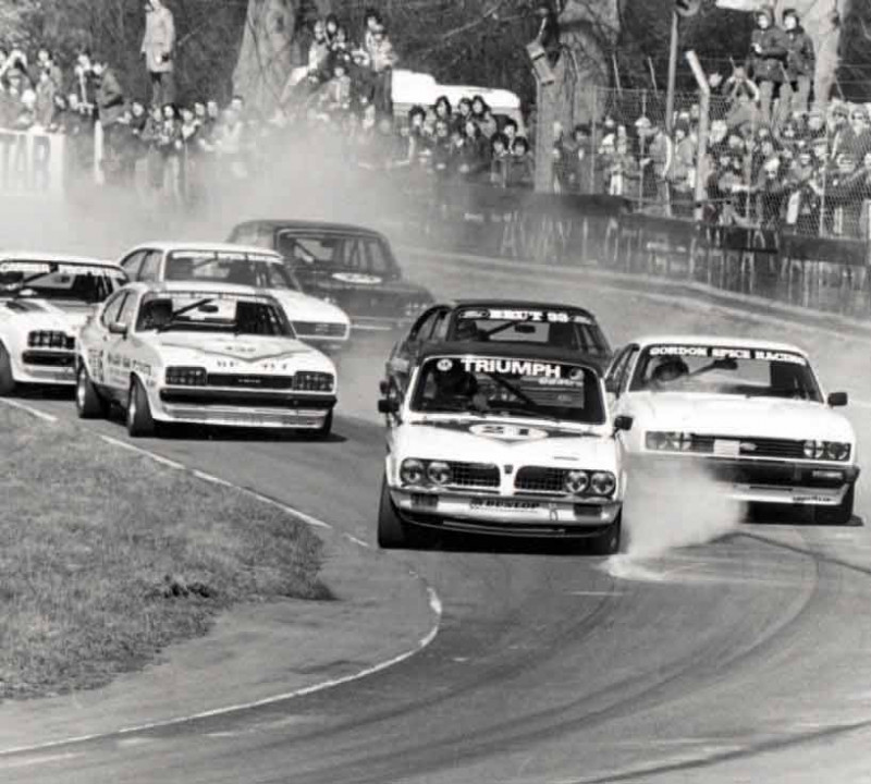 Tony Dron - Dron’s Dolomite Sprint fends off the Capri hordes into Old Hall at Oulton Park in March 1978