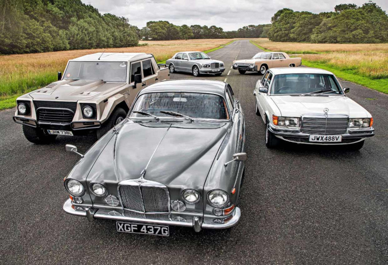 Jaguar 420G, Lincoln Continental, Mercedes-Benz 450SE W116, Lamborghini LM002 and Bentley Arnage