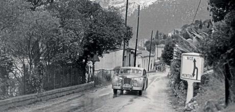 A Jaguar Mk VII finishes fourth at the 1952 Monte Carlo Rally